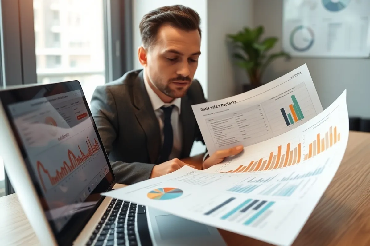 Analyst reviewing a clean sales spreadsheet on a laptop at a small office desk