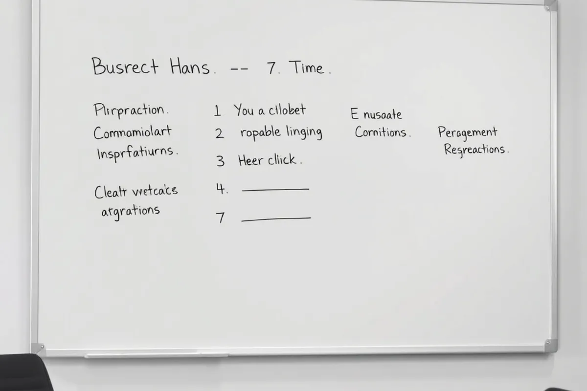Whiteboard with five business questions and metric owners written in marker