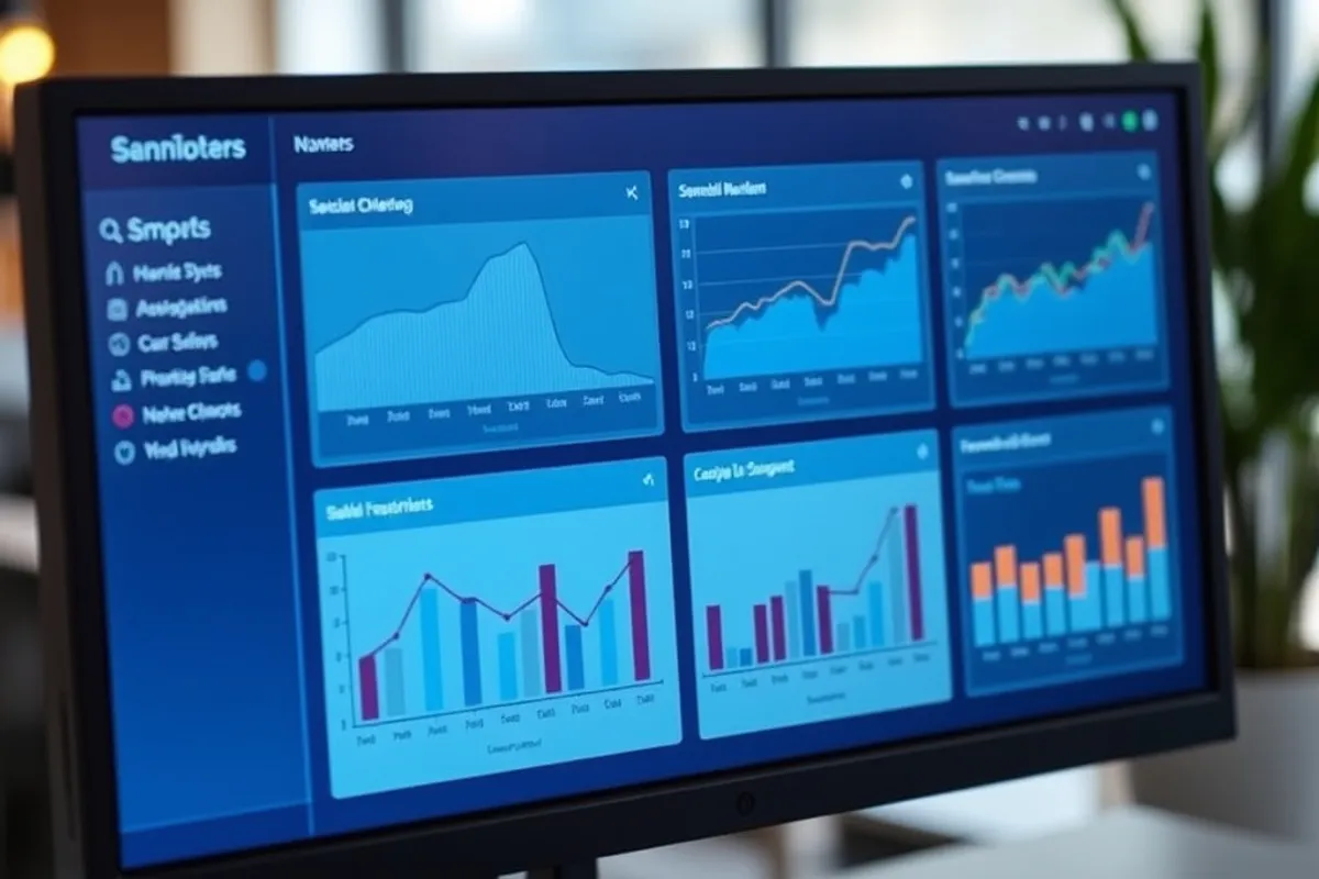 Close-up of a one-page dashboard on a monitor with six simple charts