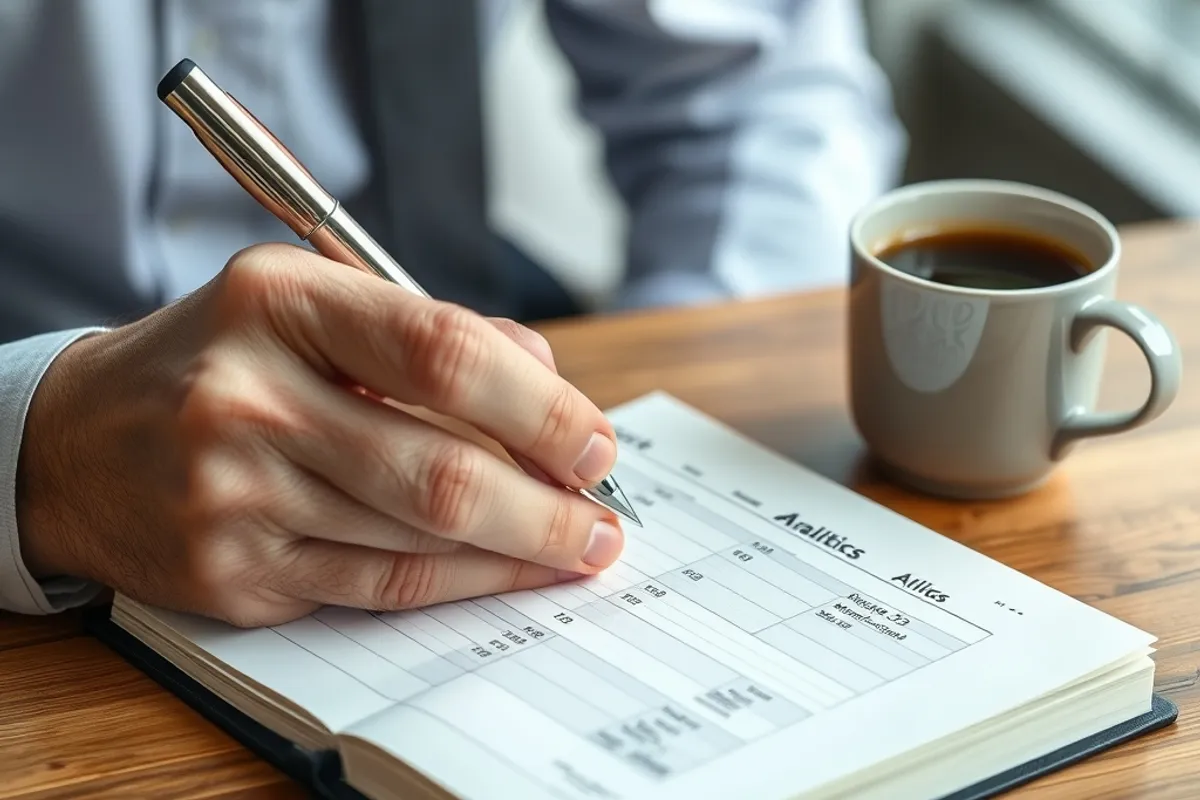 Small business owner writing a weekly analytics note beside a coffee cup