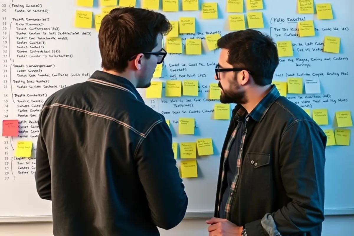 Developer reading source code on a second monitor in a dim office